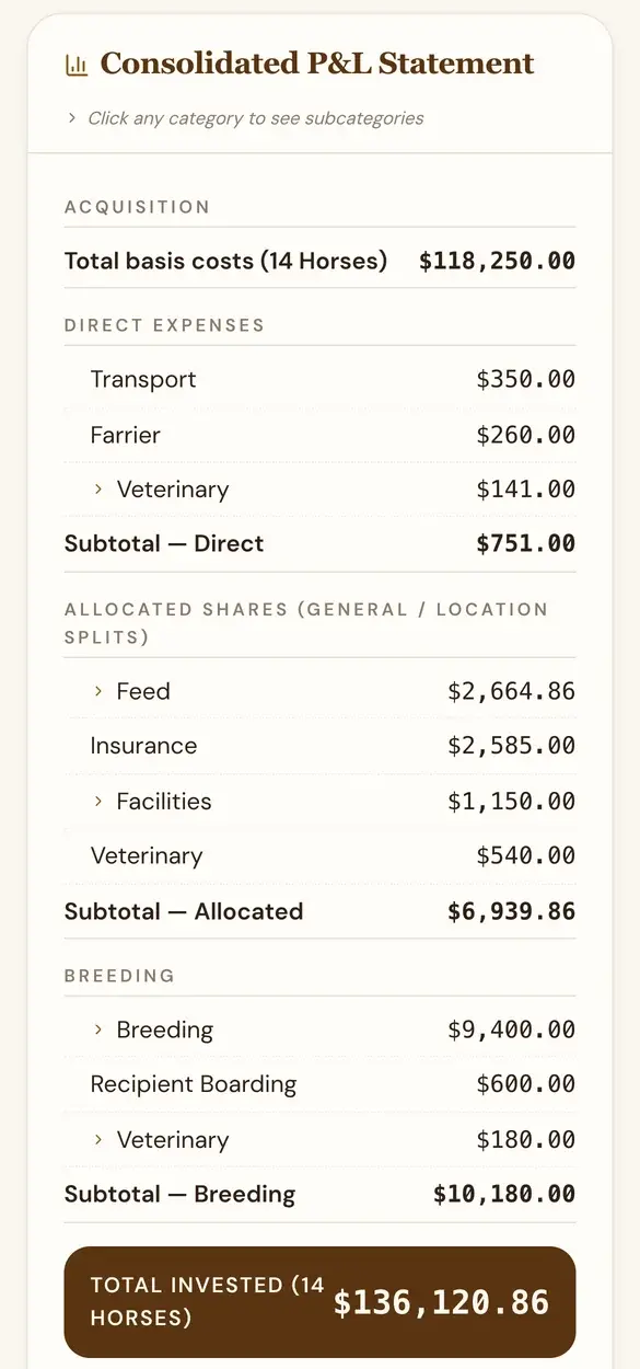Consolidated P&L statement listing basis, direct, allocated and breeding costs down to total invested